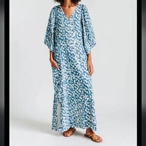 Mirth Coba Blue Mosaic Print V-Neck Kaftan Boho Coastal Beach Maxi Dress Size M
